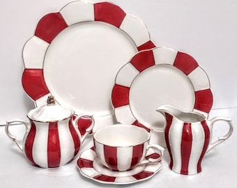 ONE Plate+Napkin Red White Stripes Christmas Valentine's Day Dinner Plate 11" Salad Plate 8" Cup Saucer Set Creamer Sugar Bowl Mug Or Teapot