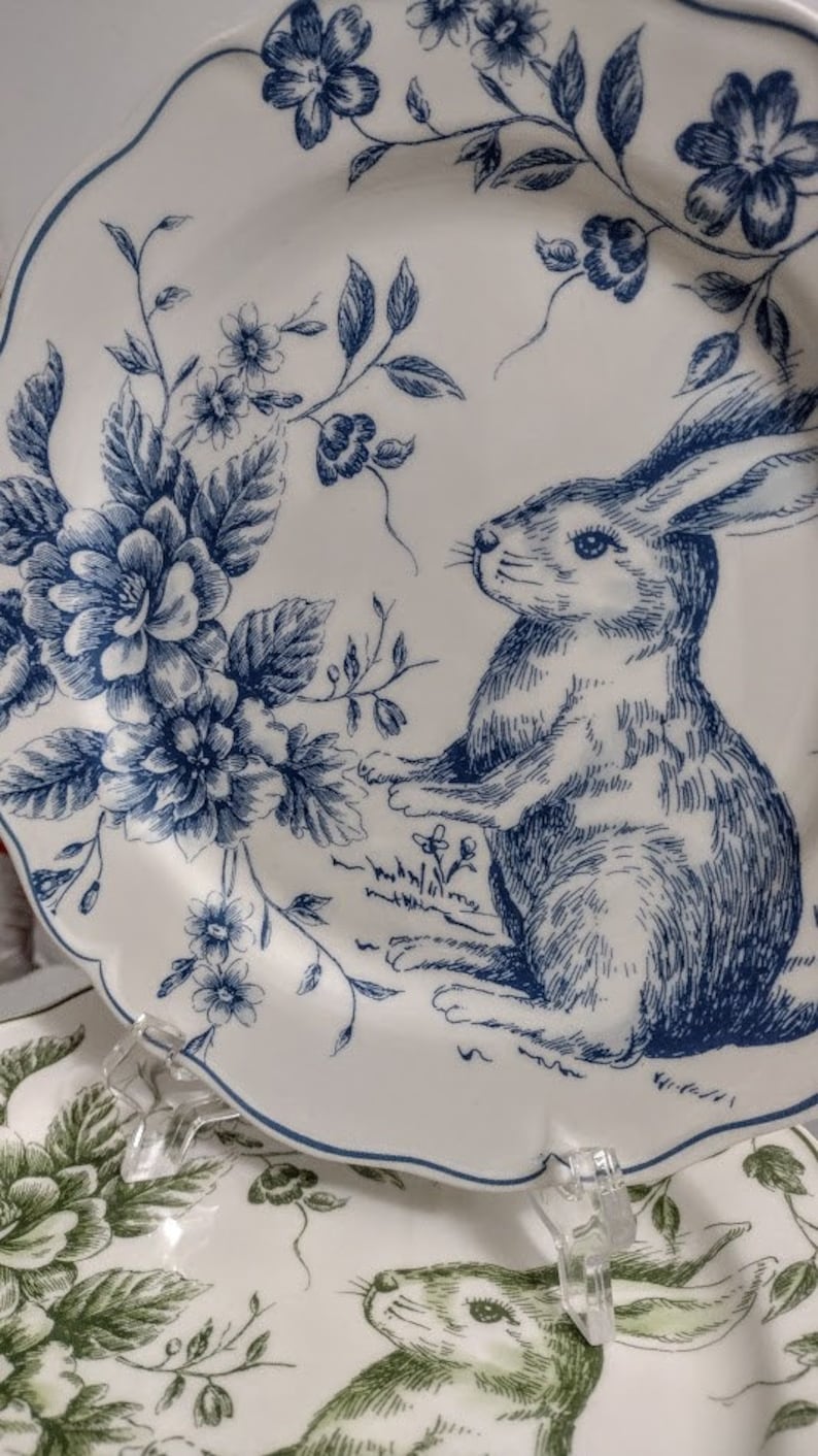 ONE Plate BUNNY Rabbit EASTER Green or Blue Toile Transfer Dinner Plate ...