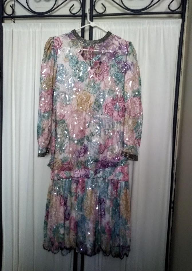 Vintage 1980s LILLIE RUBIN  Beaded  Sequin Embroidered Leaves Evening Mother of Bride Bridesmaid Prom Dress Size M