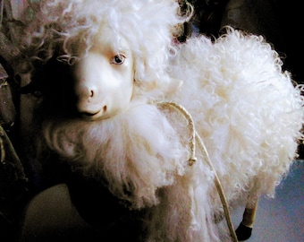 Large Handmade Sheep Figurine Real Fur Statue Farmhouse French Shabby Chic Decor Sculpture