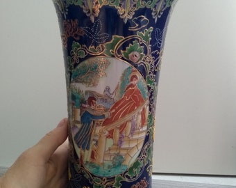 Vintage Chinoiserie Oriental Moriage Cobalt Blue Victorian Scene Courting Couple Porcelain Vase 11.25"