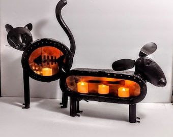 BRUTALIST INDUSTRIAL Metal Art Dog Or Cat Candle  Holder Decor Sculpture 16 "  16.75"