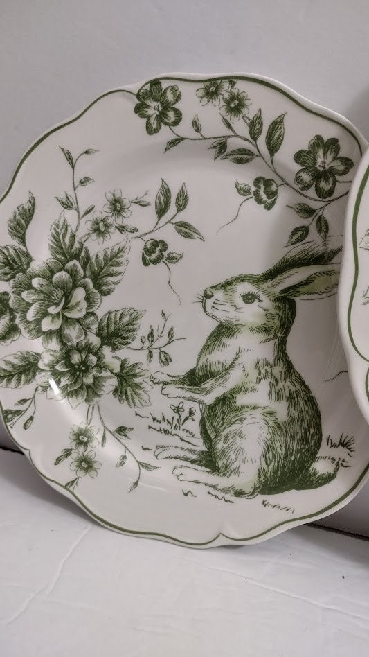 ONE Plate BUNNY Rabbit EASTER Green or Blue Toile Transfer Dinner Plate ...