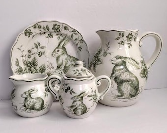 ONE Plate+Tablemat BUNNY Rabbit EASTER Green Transfer Salad Appetizer Plates 9.25" Or Pitcher Sugar Bowl Creamer You Choose