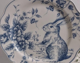 ONE Plate Maxcera BUNNY Rabbit EASTER Blue Toile Transfer Bunny Flowers Salad Plate 9.25"