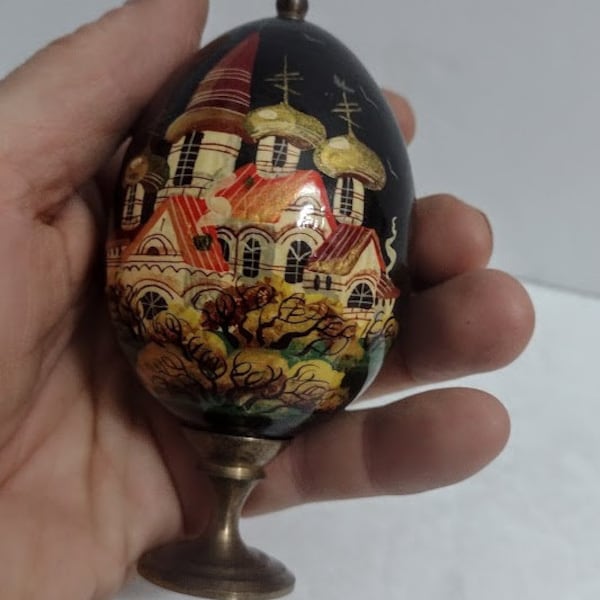 EGG Russian Signed Lacquer Wooden Hand Painted Brass Foot Egg Figurine