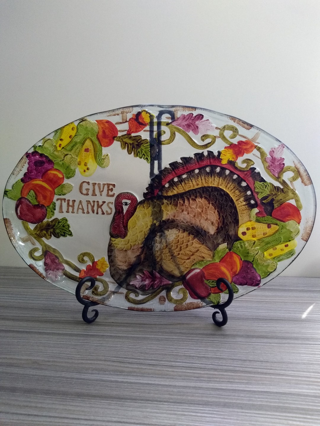 Vintage Kirkland's Glass Platter With Stand Thanksgiving Etsy