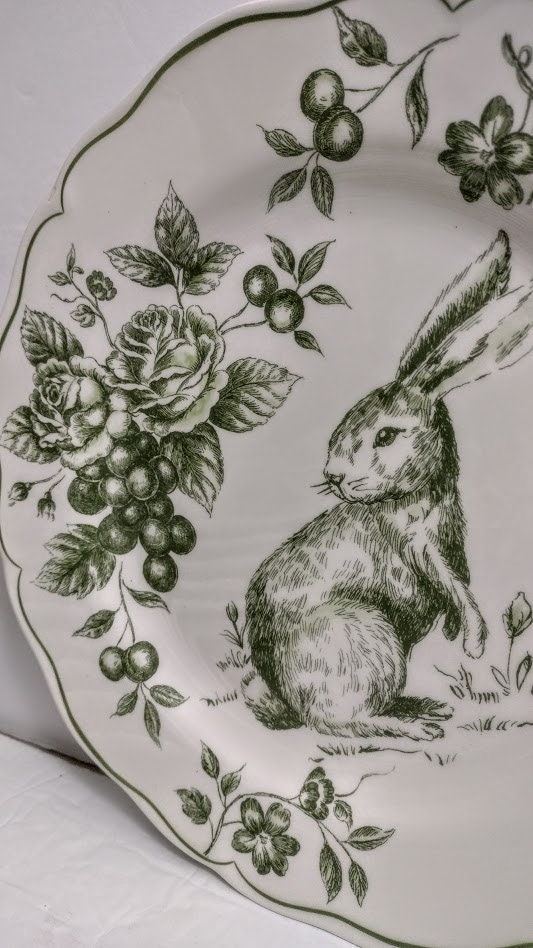 ONE Plate BUNNY Rabbit EASTER Green or Blue Toile Transfer Dinner Plate ...
