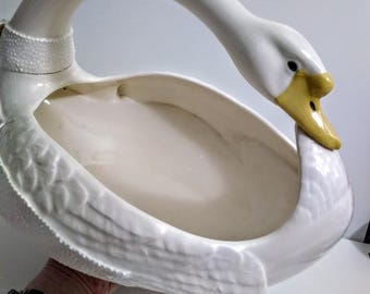Large 1998 Porcelain White Geese Fruit Basket Planter