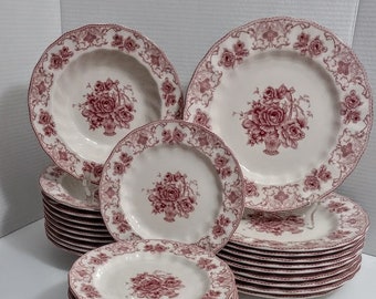 One Plate Red Pink Transfer Flowers Dinner Plate 10.5 " Salad Plate 7.75" Or Soup Plate 8 5/8" You CHOOSE