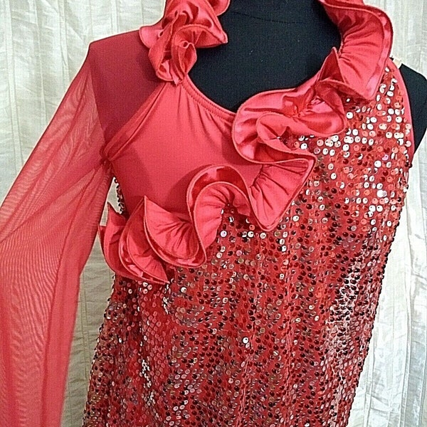 Weissman Jazz Tap Skating Red Sequin One Long Net Manga Ruffle Neckline Disfraz Sz XXLBy BlessedJunk