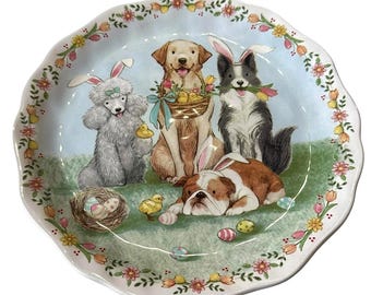 ONE Plate RARE Pier 1 Imports Easter Poodle Labrador Retriever Border Collie Bulldog Dogs With Bunny Ears Headbands Ironstone Salad Plate 9"