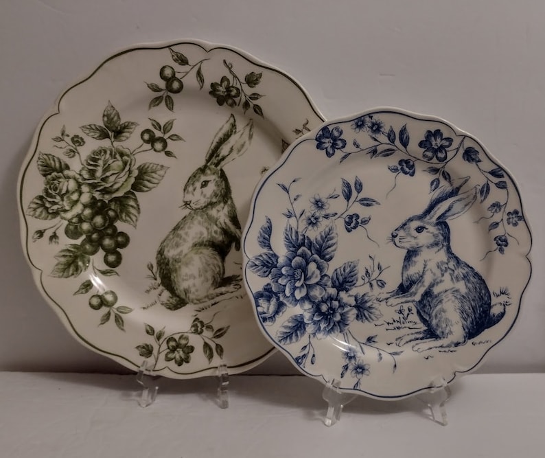 ONE Plate BUNNY Rabbit EASTER Green or Blue Toile Transfer Dinner Plate ...