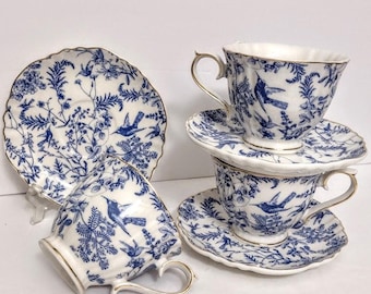ONE Set Blue Toile Birds Floral Twigs Brunches Gold Edge Dinner Plate Salad Plate 8" Cup Saucer Set Creamer Or Sugar Bowl Your Choice