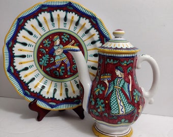 Grazia Deruta Pottery For Cottura Renaissance Man And Woman Large Teapot 9.75" Or Serving Plate