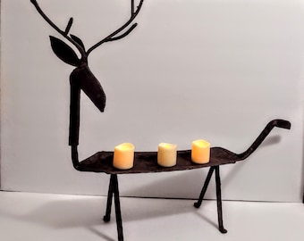 BRUTALIST INDUSTRIAL Rusted Metal Deer Candle Or Artificial Fruit Holder Decor MCM Sculpture 23 "