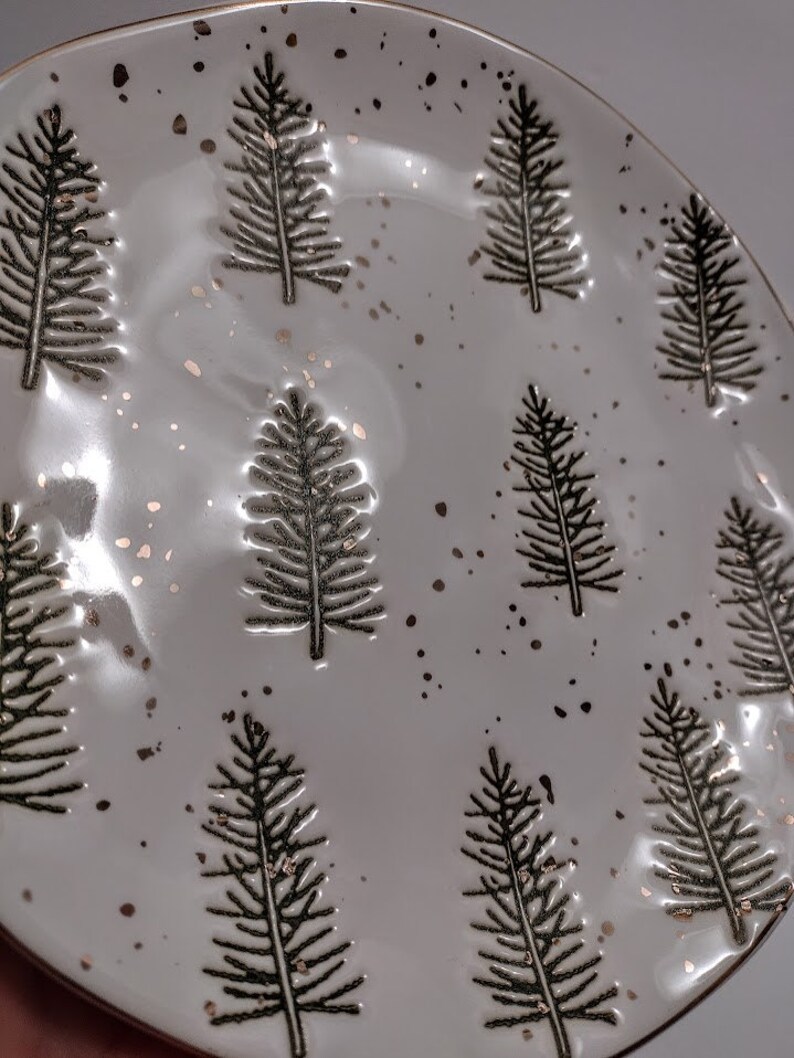ONE PLATE Embossed Christmas Pine Trees Winter Gold Snow TRANQUILITY