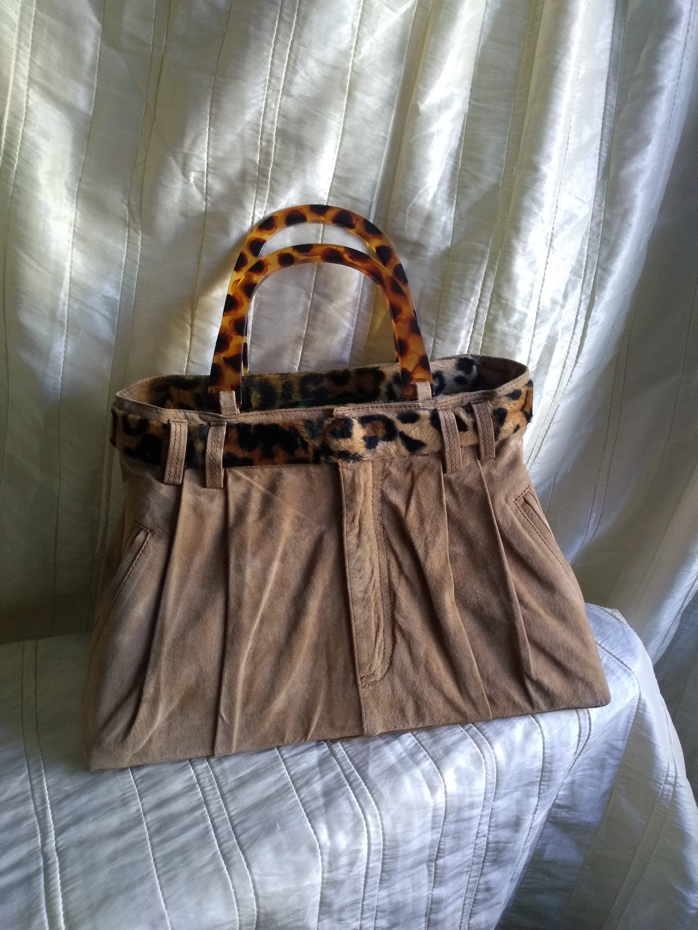 Vintage 1980s Lucite Handles Leopard Faux Fur Belt Brown