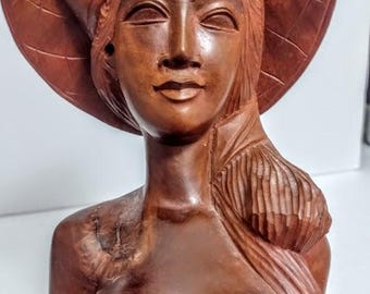 Hardwood Oriental Topless Woman Detailed Carving Sculpture Statue 23.5"