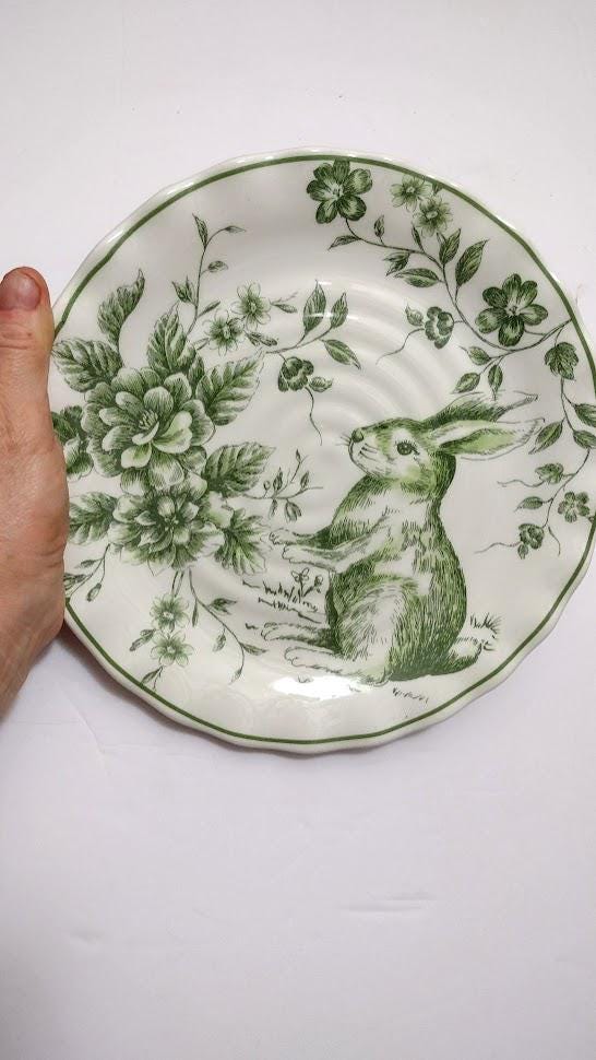 ONE Plate BUNNY Rabbit EASTER Green or Blue Toile Transfer Dinner Plate ...