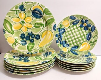 One Plate Home Plate Farm House Cottage COUNTRY PEAR Grapes Apple Fruit Floral Plaid Dinner Or Salad Plate 10.75" Or 8 3/8"