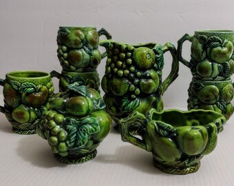 ONE Mid Century INARCO Green Embossed Fruit Majolica Jug Pitcher  Creamer Sugar Bowl Mug Your Choice