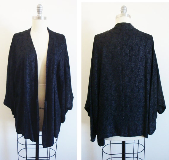 Vintage Shimmery Black Floral Brocade Kimono One … - image 2