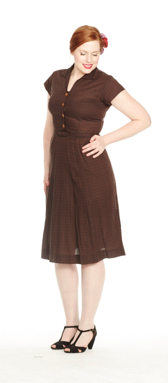 Vintage 1950s Navy & Brown Checked Cotton Day Dre… - image 5