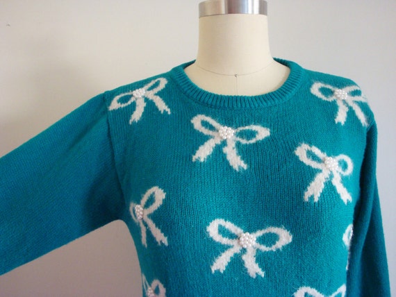 Vintage 1980s Teal and Off White Bow Holiday or U… - image 4