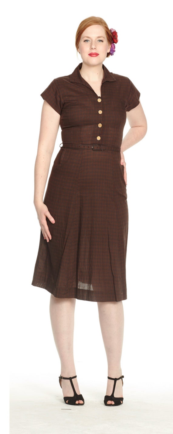 Vintage 1950s Navy & Brown Checked Cotton Day Dre… - image 3