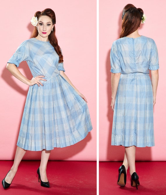 Vintage 1950s Herman Marcus Blue and Gray Plaid C… - image 1