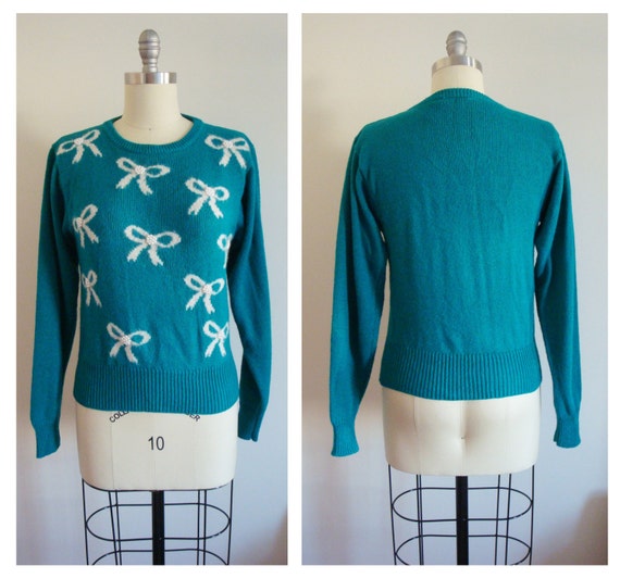 Vintage 1980s Teal and Off White Bow Holiday or U… - image 2