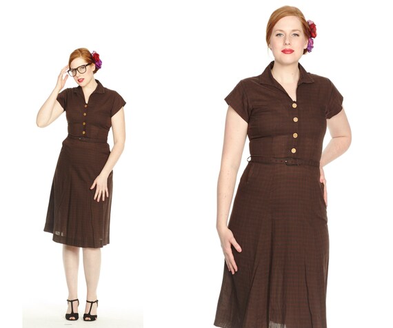 Vintage 1950s Navy & Brown Checked Cotton Day Dre… - image 2