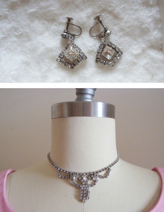 Vintage Rhinestone Necklace and Screw Back Earrin… - image 1