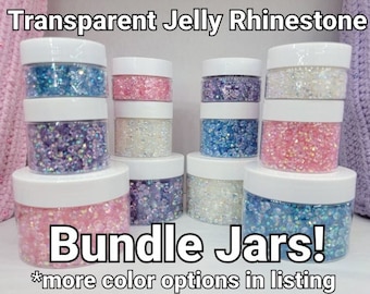 Transparent Jelly Rhinestone bundle jars- 5MM, 4MM, 3MM sizes- Non-Hotfix flatback Resin AB - SS20, SS16, SS12- 4oz, 1.5oz, 1oz jars