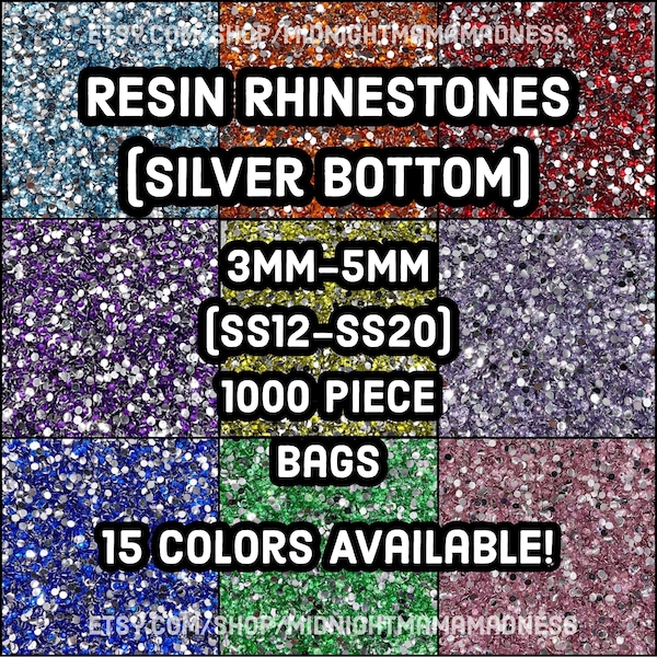 Resin Silver Flatback Rhinestones 1000 per bag- 5MM, 4MM, 3MM sizes- Non-Hotfix flatback faceted Resin Rhinestone - SS20, SS16, SS12