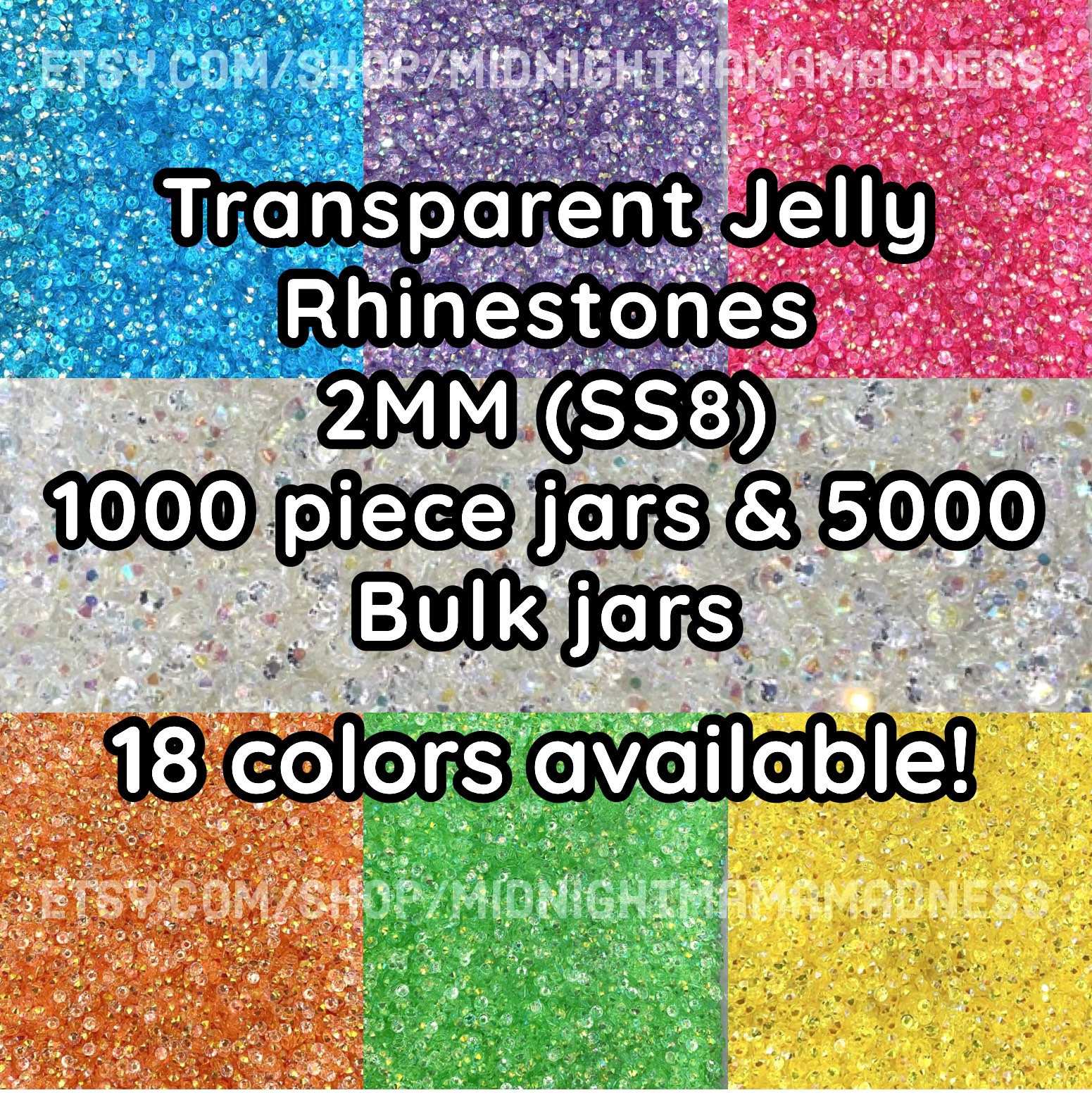 2MM Transparent Jelly Rhinestones 1000 OR 5000 per container-  Non-Hotfix flatback faceted Resin AB Rhinestones - embellishment bulk