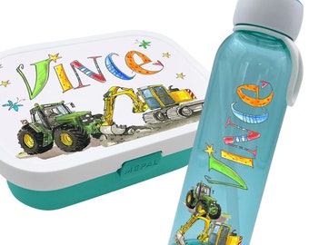 Set Brotdose + Wasserflasche Trecker Bagger Mepal, Trinkflasche kohlensäurehaltige Getränke, Trinkflasche Kinder mit Namen