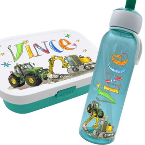 Set Brotdose + Wasserflasche Trecker Bagger Mepal, Trinkflasche kohlensäurehaltige Getränke, Trinkflasche Kinder mit Namen