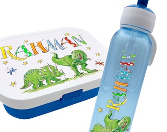 Set Brotdose + Wasserflasche Dino grün, Trinkflasche kohlensäurehaltige Getränke, Trinkflasche Kinder mit Namen Mepal