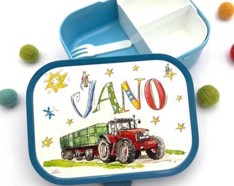 Trecker rot mit Anhänger Brotdose mit Namen, Brotdose roter Trecker, Trecker Kinder, RosiRosinchen