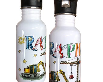 May include: Two white stainless steel water bottles with black lids and colorful cartoon construction vehicles and the name "Raphael" printed on them.