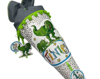 Dinosaurier Schultüte antrazith weiß mit Namen, personalisierte Schultüte Junge Dino, Zuckertüte Dinos Trex, Stoff Zuckertüte personalisiert