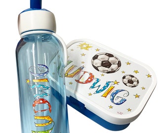 Set Brotdose + Wasserflasche Fußball, Trinkflasche kohlensäurehaltige Getränke, Trinkflasche Kinder mit Namen Mepal, Geschenk Ostereiersuche