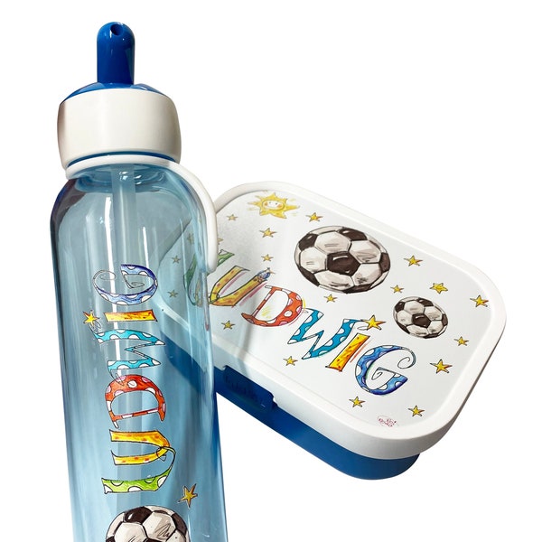 Set Brotdose + Wasserflasche Fußball, Trinkflasche kohlensäurehaltige Getränke, Trinkflasche Kinder mit Namen Mepal, Geschenk Ostereiersuche