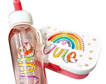 Set Brotdose + Wasserflasche Regenbogen, Trinkflasche kohlensäurehaltige Getränke, Trinkflasche Kinder mit Namen Mepal