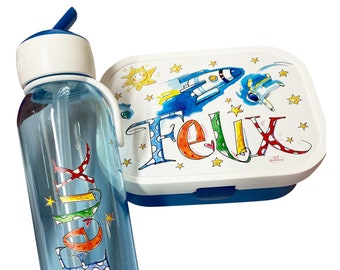 Set Brotdose + Wasserflasche Rakete, Trinkflasche kohlensäurehaltige Getränke, Trinkflasche Kinder mit Namen, Geschenk Ostereiersuche