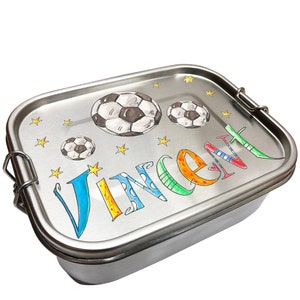 Edelstahl Brotdose Fußball, Edelstahlbrotdose nachhaltig, Edelstahlbrotdose auslaufsicher, Edelstahl brotdose mit Unterteilung RR
