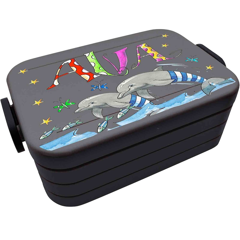 Delfin Lunchbox MEPAL2, Delphin Kinder Brotdose mit Namen, Geschenk zur Einschulung, Schultütenfüllung, RosiRosinchen Nordic Black