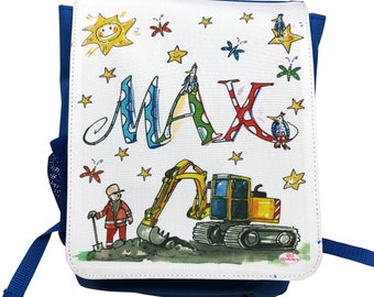 Bagger Kinderrucksack mit Name, Kindergartenrucksack Bagger, Rucksack für Jungs, Kinderrucksack Bagger